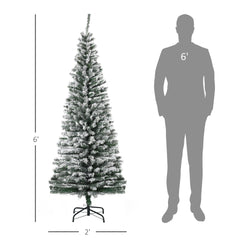 HOMCOM 6ft Flocked Christmas Tree, Pencil Artificial Xmas Tree with Faux Snow, Dense Branches, Foldable Metal Base for Indoor Holiday Decor