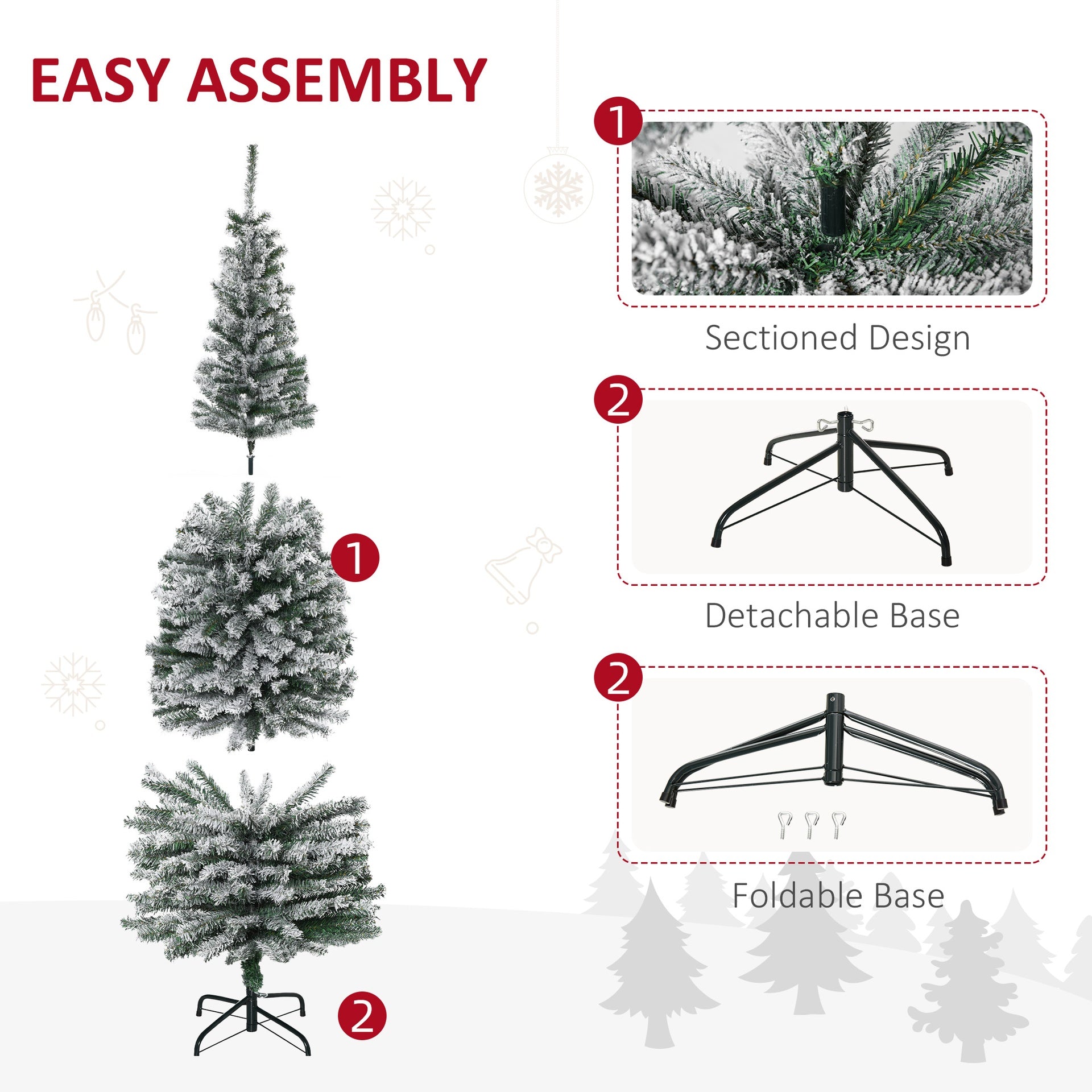 HOMCOM 6ft Flocked Christmas Tree, Pencil Artificial Xmas Tree with Faux Snow, Dense Branches, Foldable Metal Base for Indoor Holiday Decor