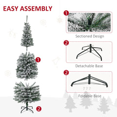 HOMCOM 6ft Flocked Christmas Tree, Pencil Artificial Xmas Tree with Faux Snow, Dense Branches, Foldable Metal Base for Indoor Holiday Decor