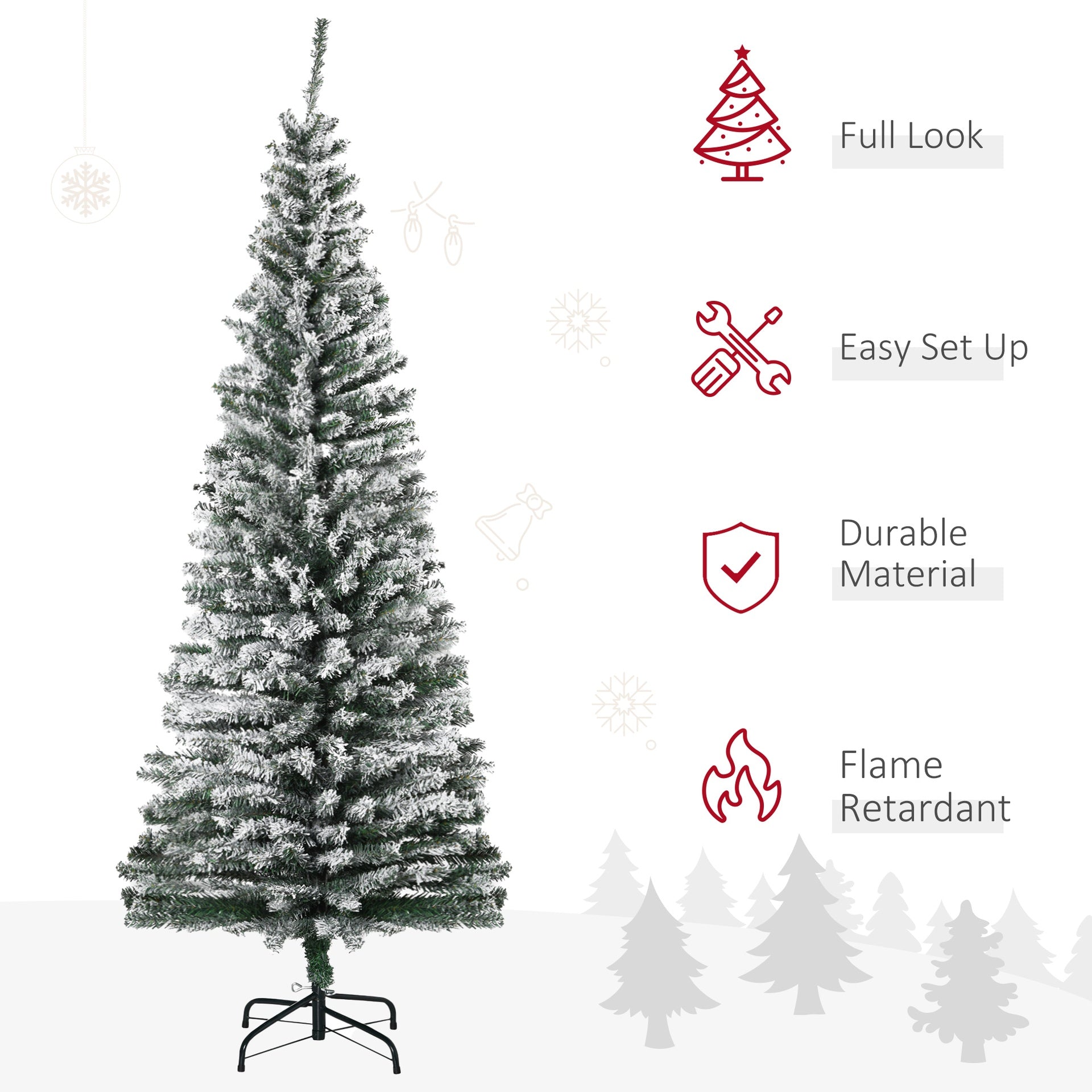 HOMCOM 6ft Flocked Christmas Tree, Pencil Artificial Xmas Tree with Faux Snow, Dense Branches, Foldable Metal Base for Indoor Holiday Decor