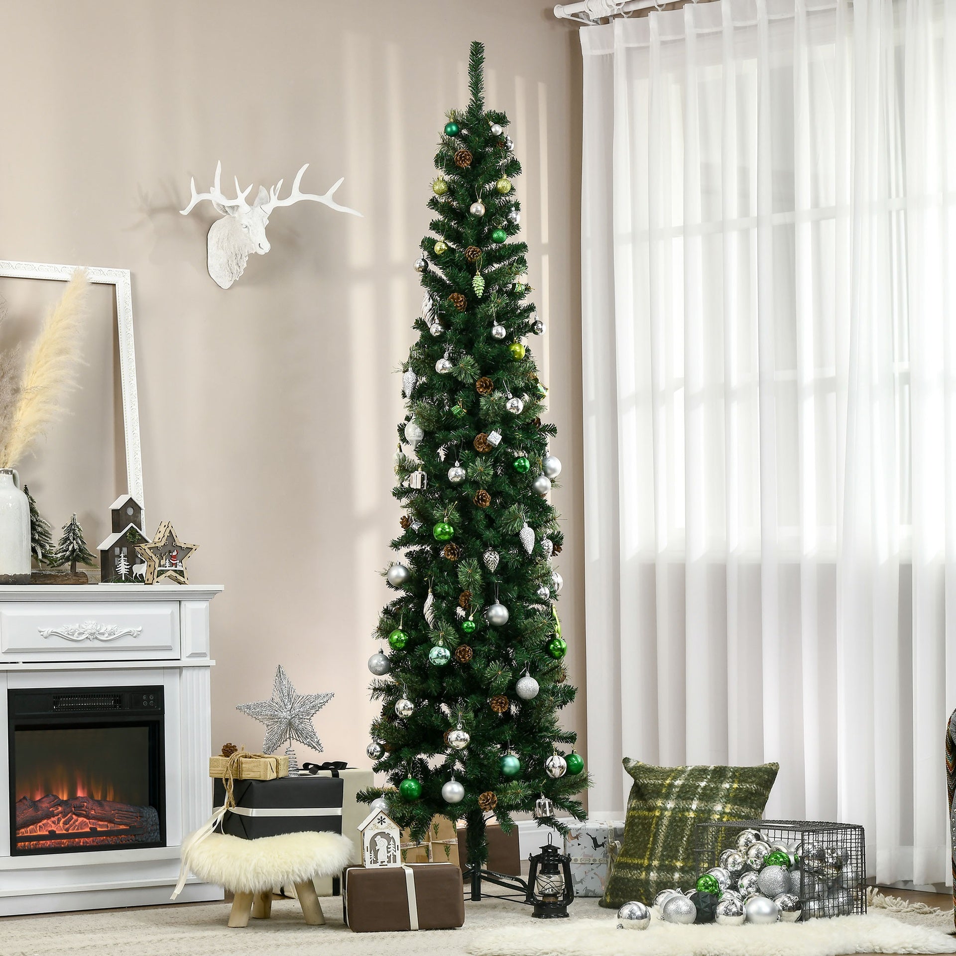 HOMCOM 7.5 Foot Pencil Artificial Christmas Tree, Slim Pine Needles Xmas Tree with Realistic Branches, Pine Cones, Metal Base, Green