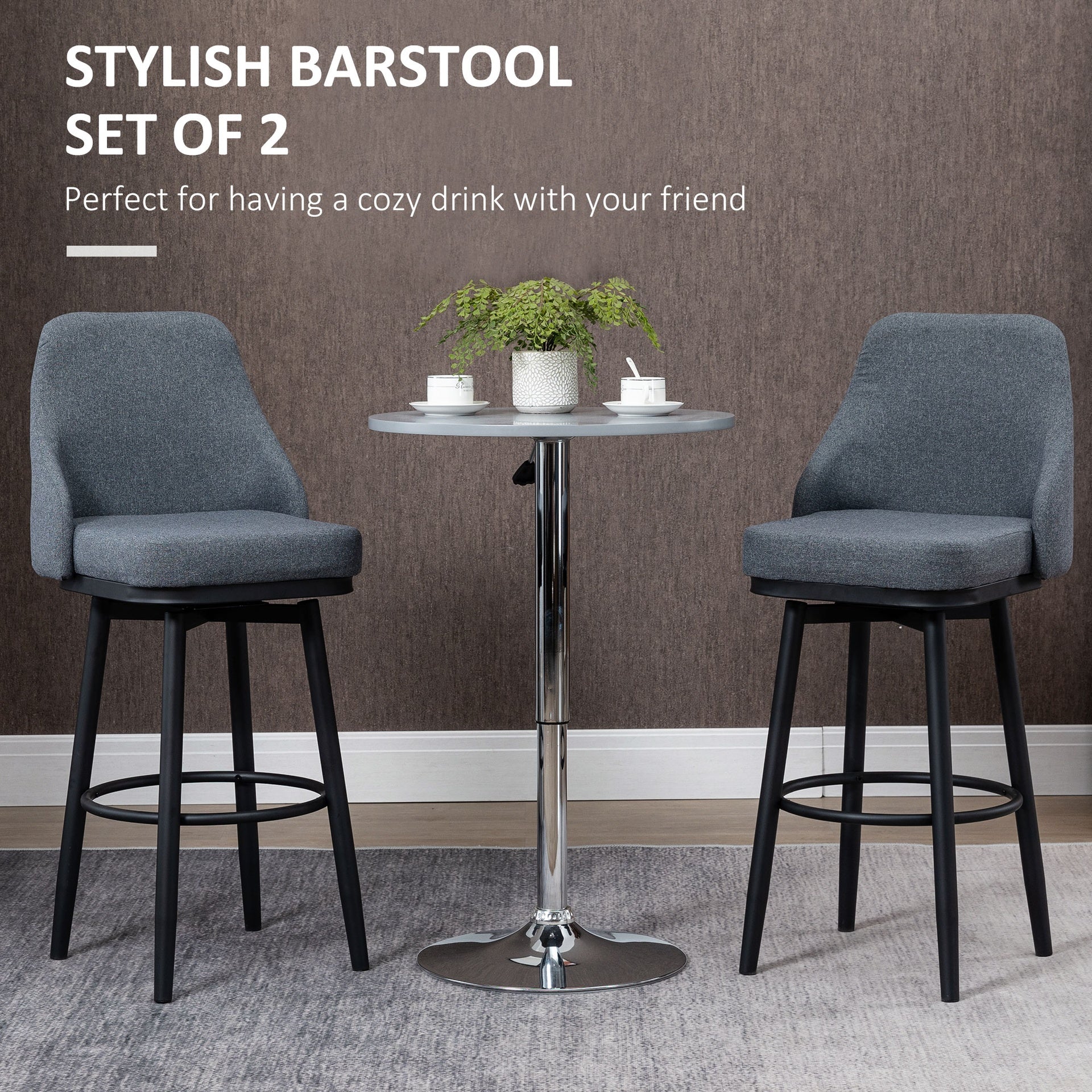 HOMCOM Modern Bar Stools, Set of 2 Swivel Kitchen Chairs, Dark Gray