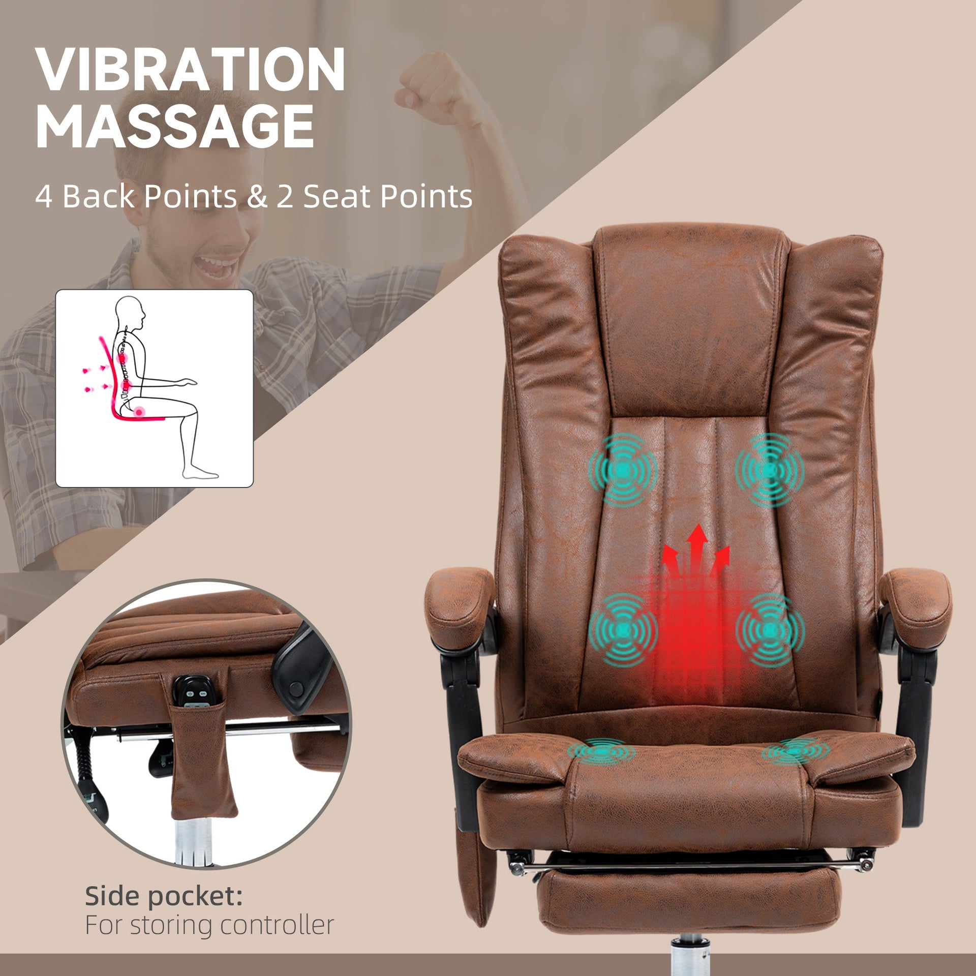 Vinsetto Massage Office Chair with 6 Points and Heat, Reclining Computer Chair with Adjustable Height and Footrest, Brown