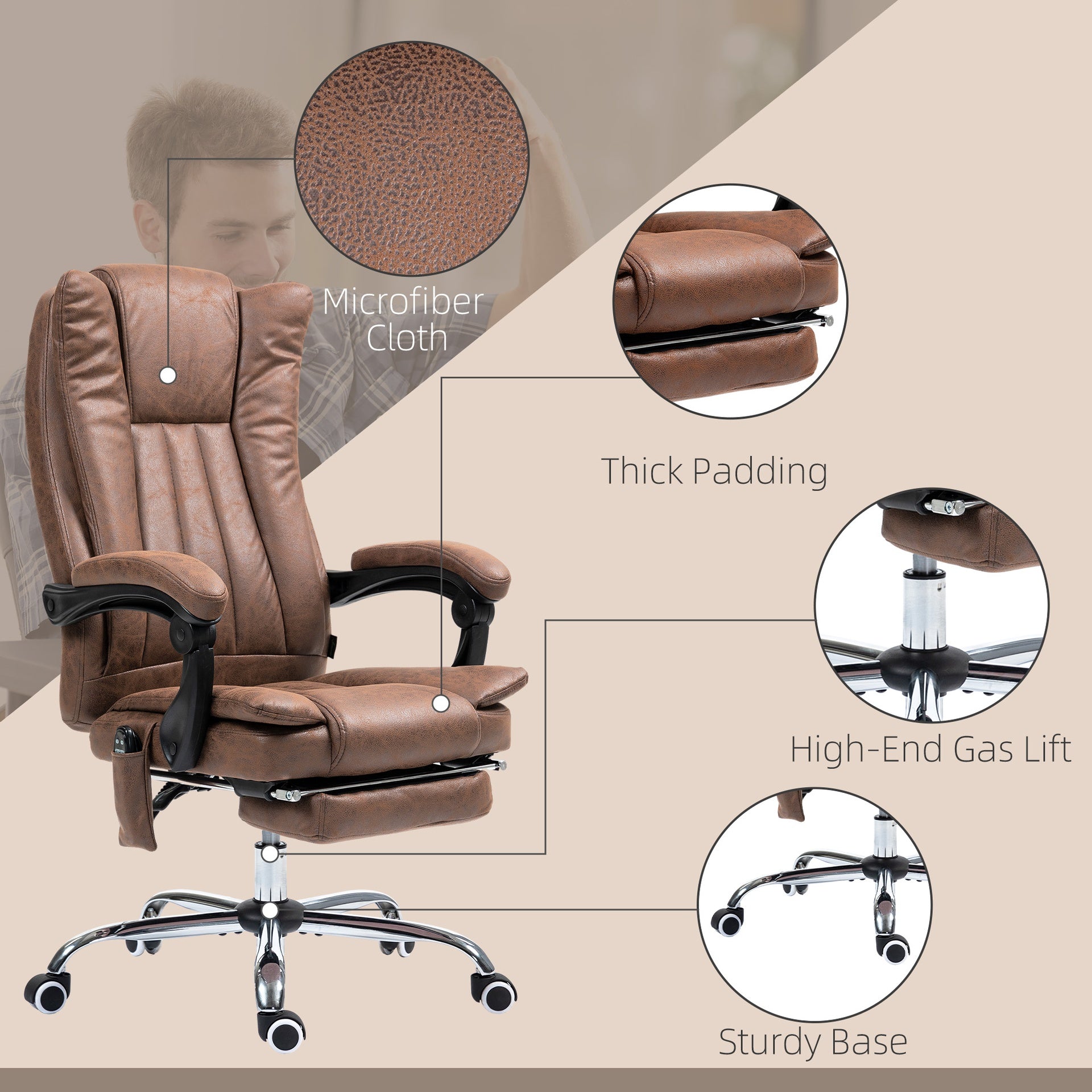 Vinsetto Massage Office Chair with 6 Points and Heat, Reclining Computer Chair with Adjustable Height and Footrest, Brown