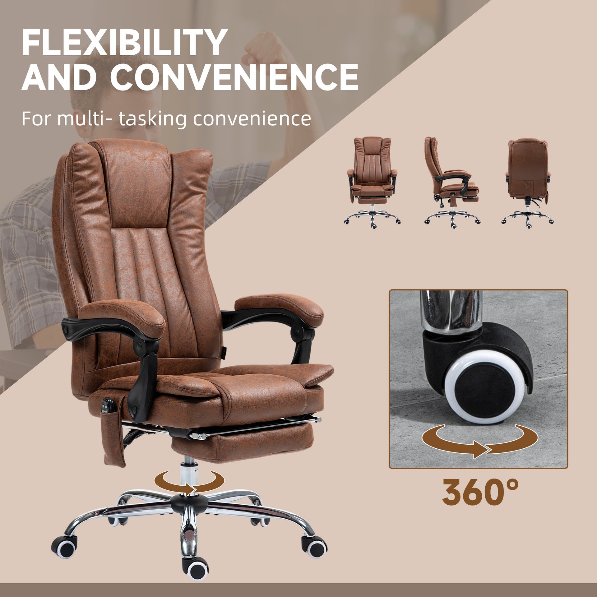 Vinsetto Massage Office Chair with 6 Points and Heat, Reclining Computer Chair with Adjustable Height and Footrest, Brown