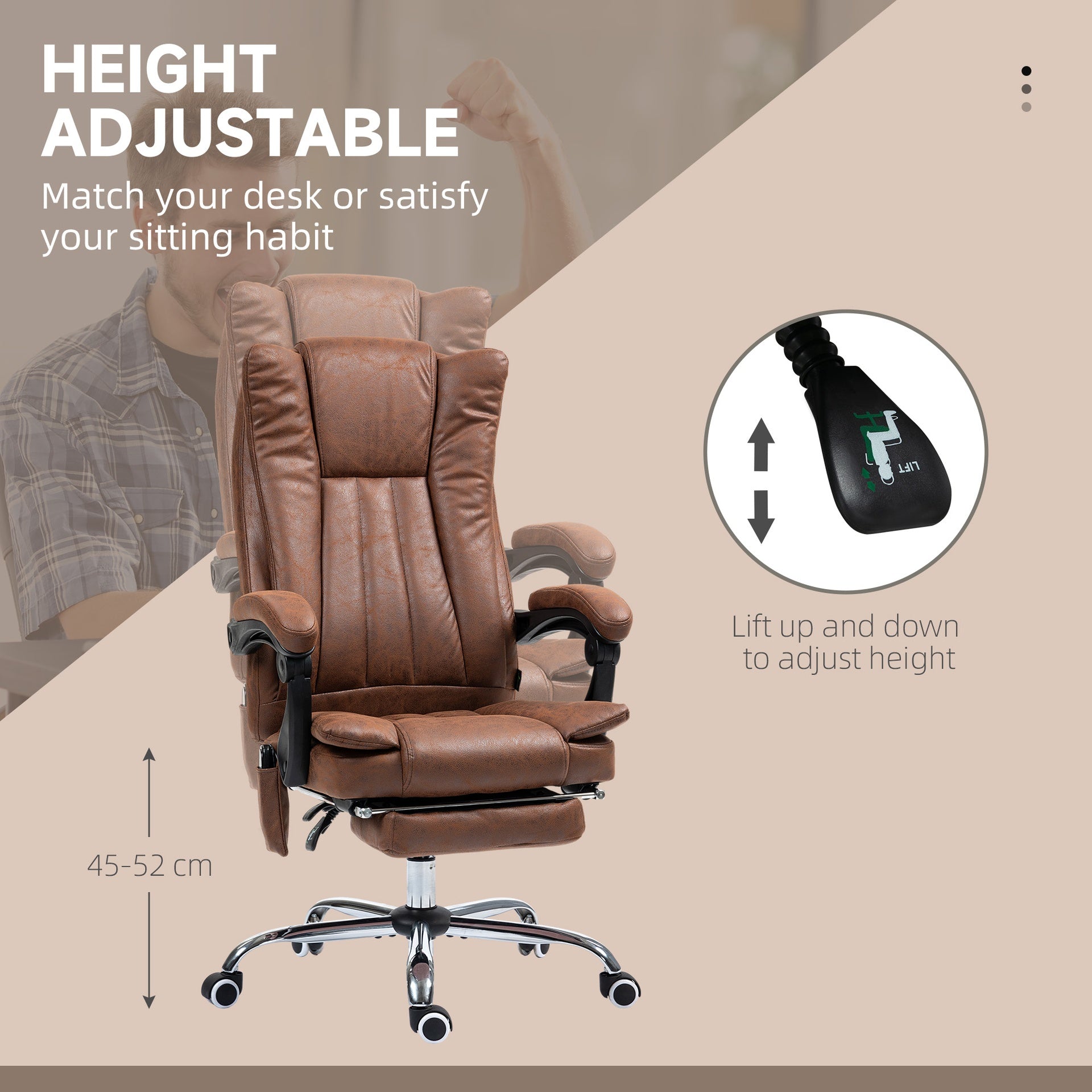 Vinsetto Massage Office Chair with 6 Points and Heat, Reclining Computer Chair with Adjustable Height and Footrest, Brown