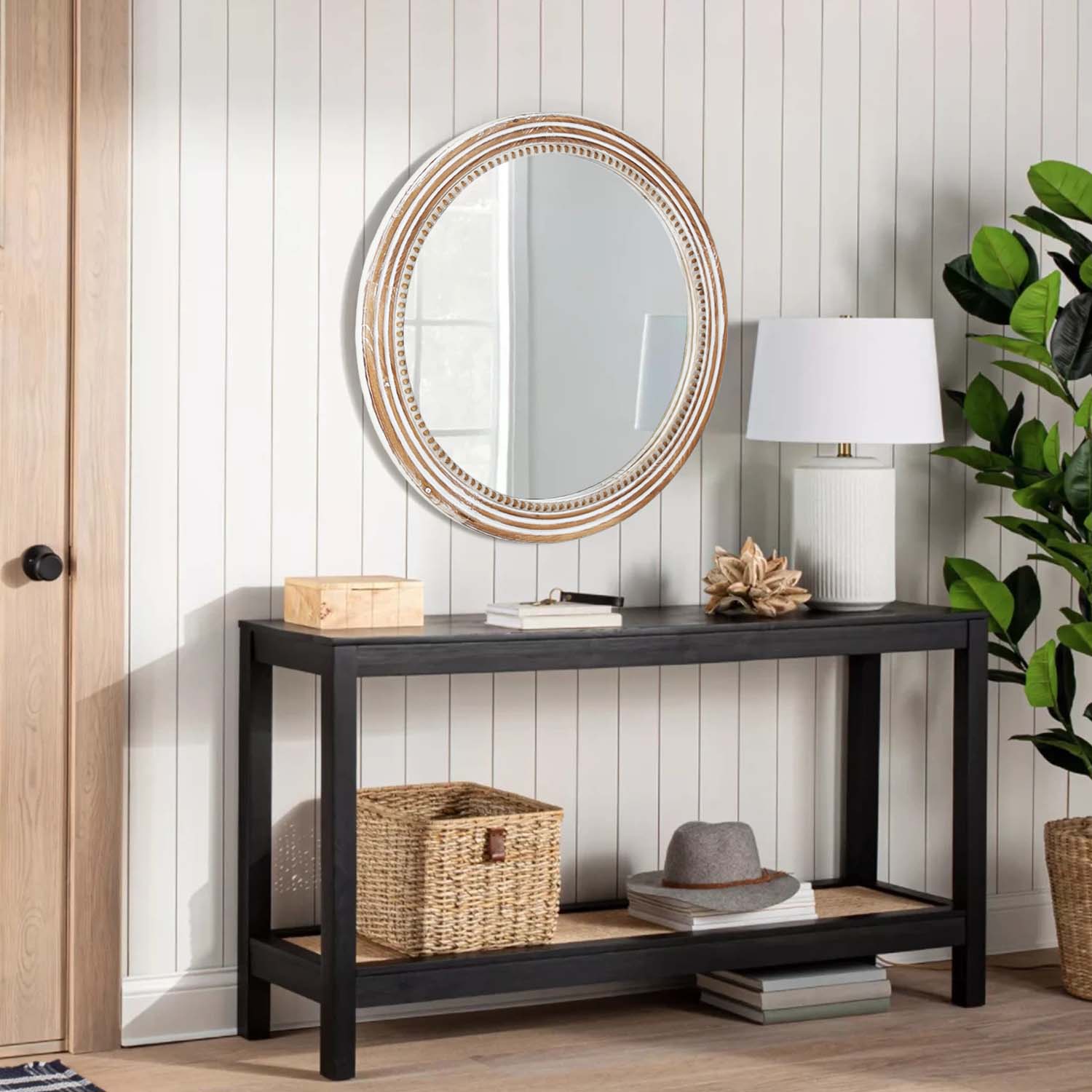 Rustic Round Wall Mirror, 23.62 Inches Wood Circle Mirror with Beads, Decorative Farmhouse Mirror for Living Room, Bedroom, Kitchen, Entryway (White)