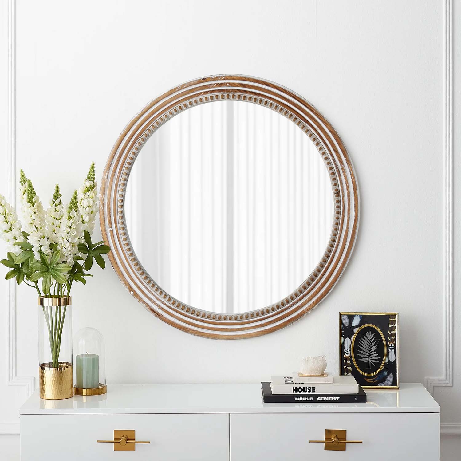 Rustic Round Wall Mirror, 23.62 Inches Wood Circle Mirror with Beads, Decorative Farmhouse Mirror for Living Room, Bedroom, Kitchen, Entryway (White)