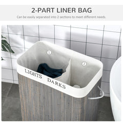 HOMCOM Bamboo Laundry Basket with Lid and String Handles, Collapsible Laundry Hamper with 2 Removable Bags, Gray