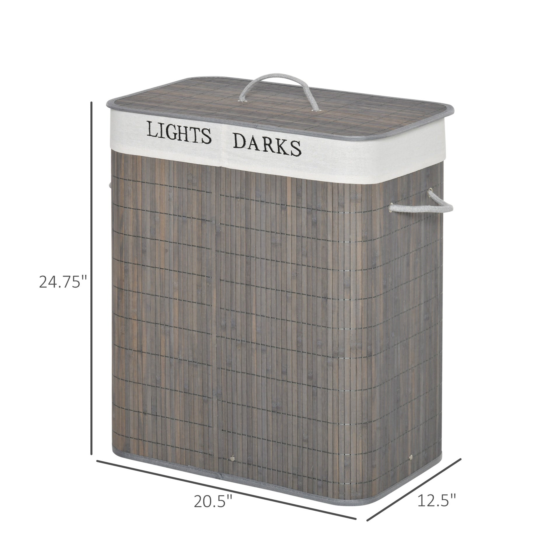 HOMCOM Bamboo Laundry Basket with Lid and String Handles, Collapsible Laundry Hamper with 2 Removable Bags, Gray