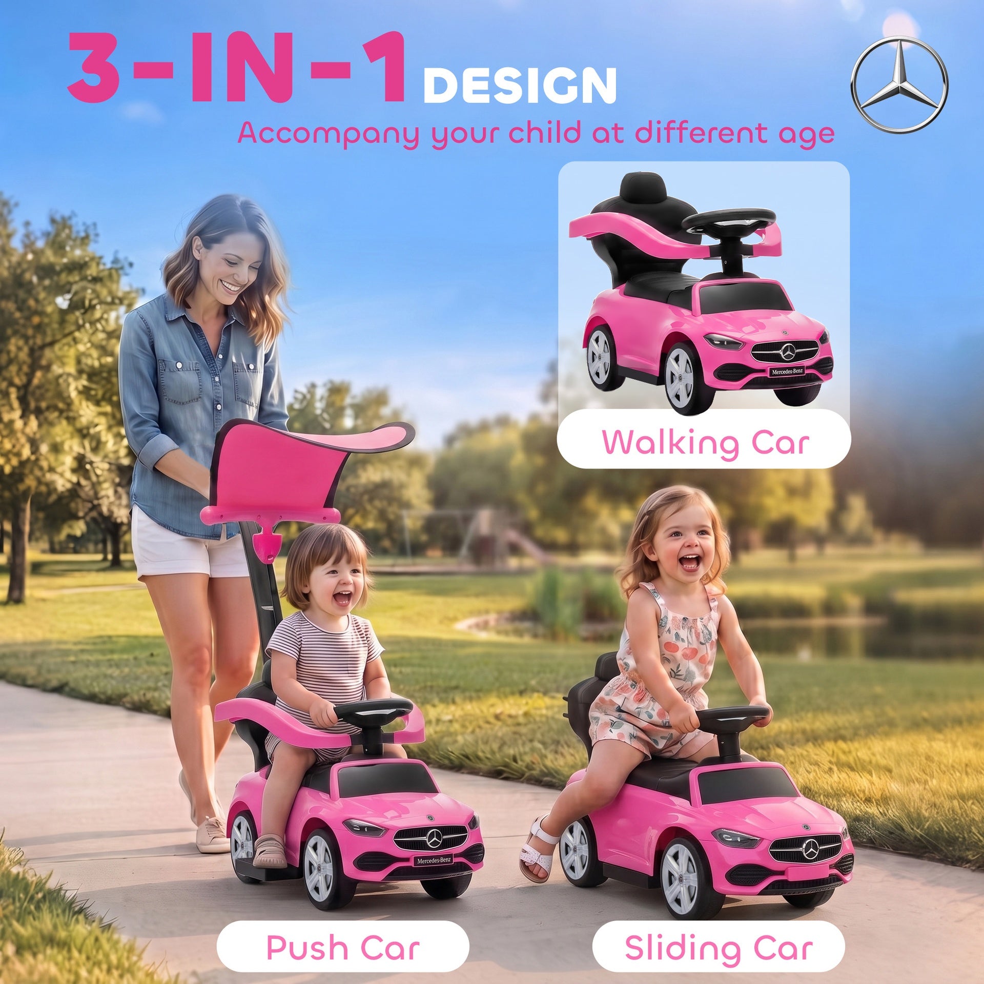 Qaba 3 in 1 Toddler Push Car Licensed Benz with Push Handle, Guardrails, Canopy, Horn, Music, Storage for 18-36 Months, Pink