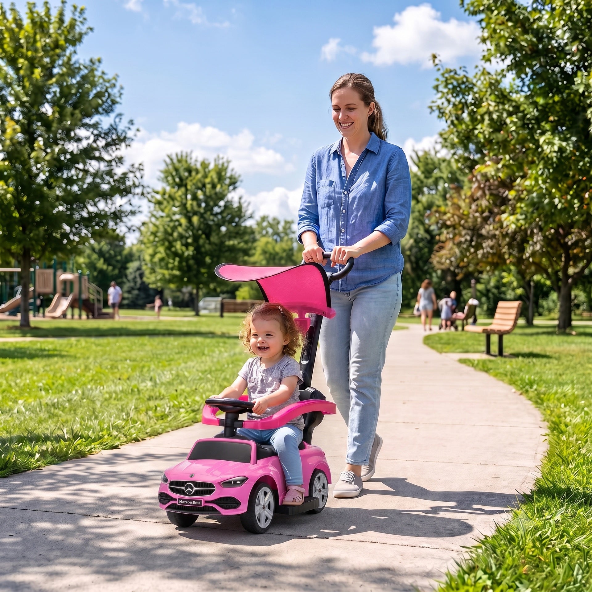 Qaba 3 in 1 Toddler Push Car Licensed Benz with Push Handle, Guardrails, Canopy, Horn, Music, Storage for 18-36 Months, Pink