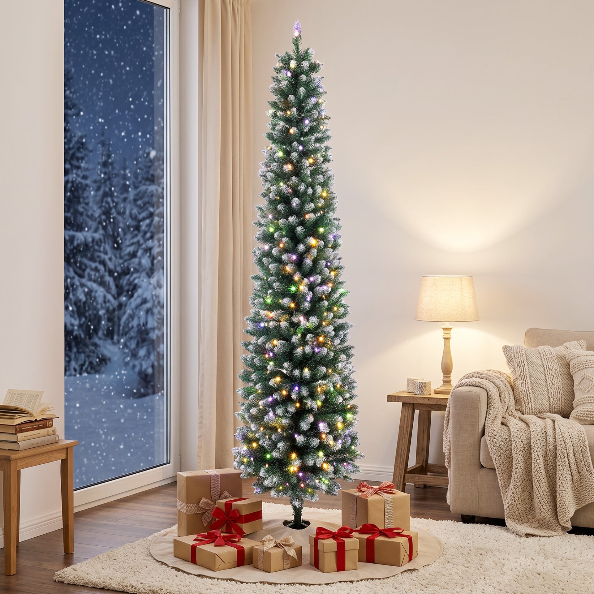 HOMCOM 6ft Pencil Prelit Christmas Tree, Dual Color LEDs, Flocked, Remote, Slim Xmas Tree with 11 Modes, Green White