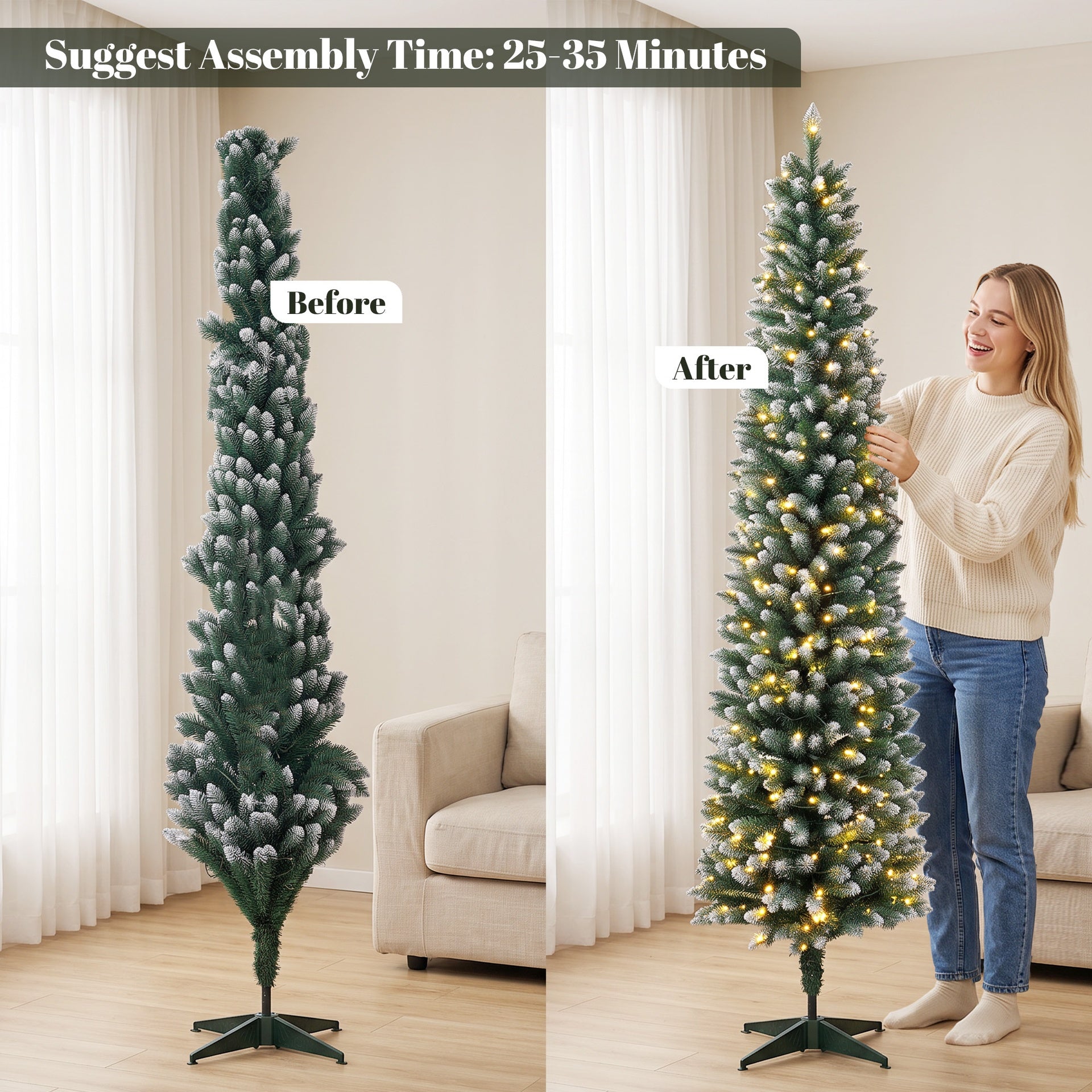 HOMCOM 6ft Pencil Prelit Christmas Tree, Dual Color LEDs, Flocked, Remote, Slim Xmas Tree with 11 Modes, Green White