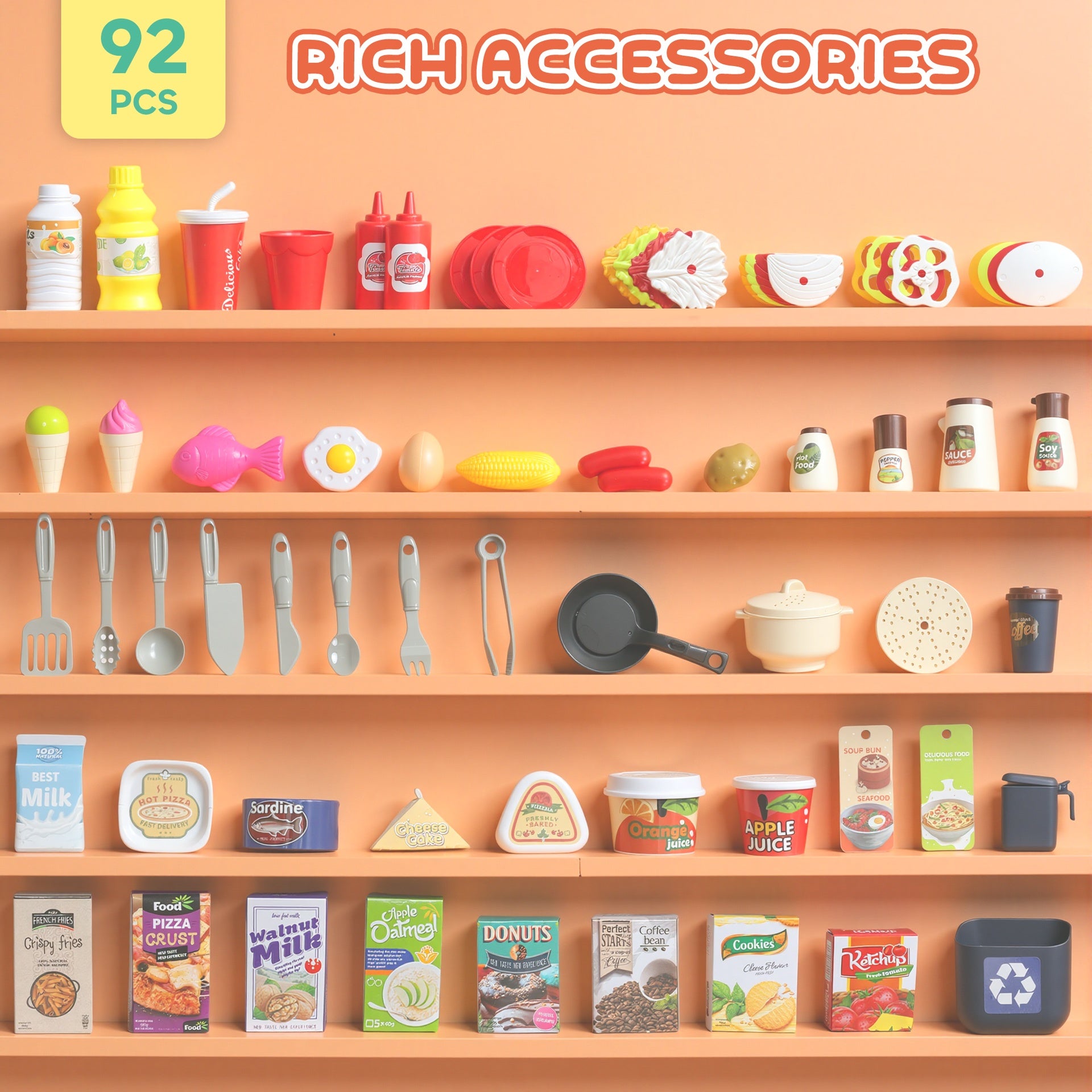 Qaba Kids Play Kitchen Toy Set, Chef Pretend Kitchen Playset with Real Lights & Sounds, 92 Pcs Toy Food, Ages 3-6, Green