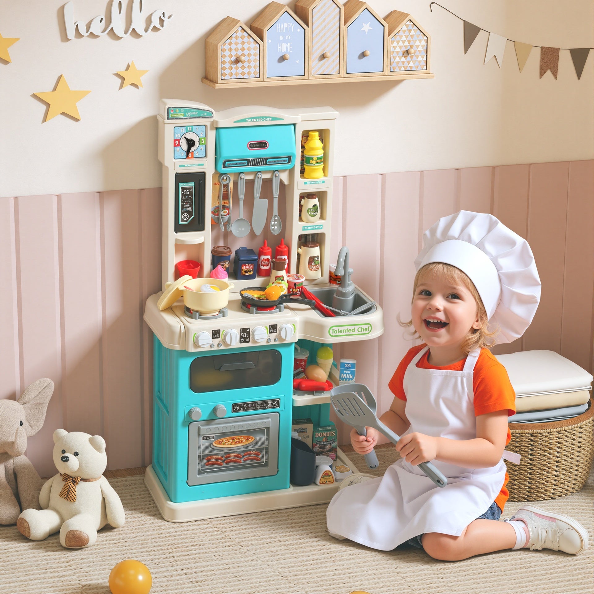 Qaba Kids Play Kitchen Toy Set, Chef Pretend Kitchen Playset with Real Lights & Sounds, 92 Pcs Toy Food, Ages 3-6, Green