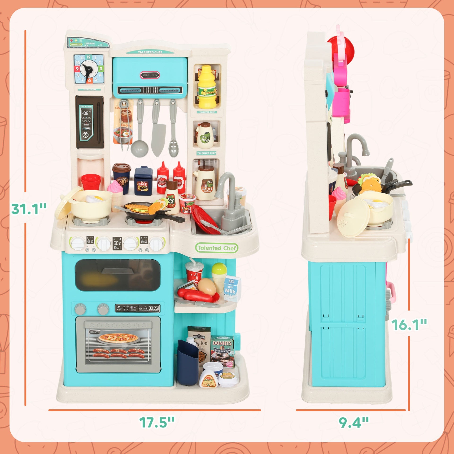 Qaba Kids Play Kitchen Toy Set, Chef Pretend Kitchen Playset with Real Lights & Sounds, 92 Pcs Toy Food, Ages 3-6, Green