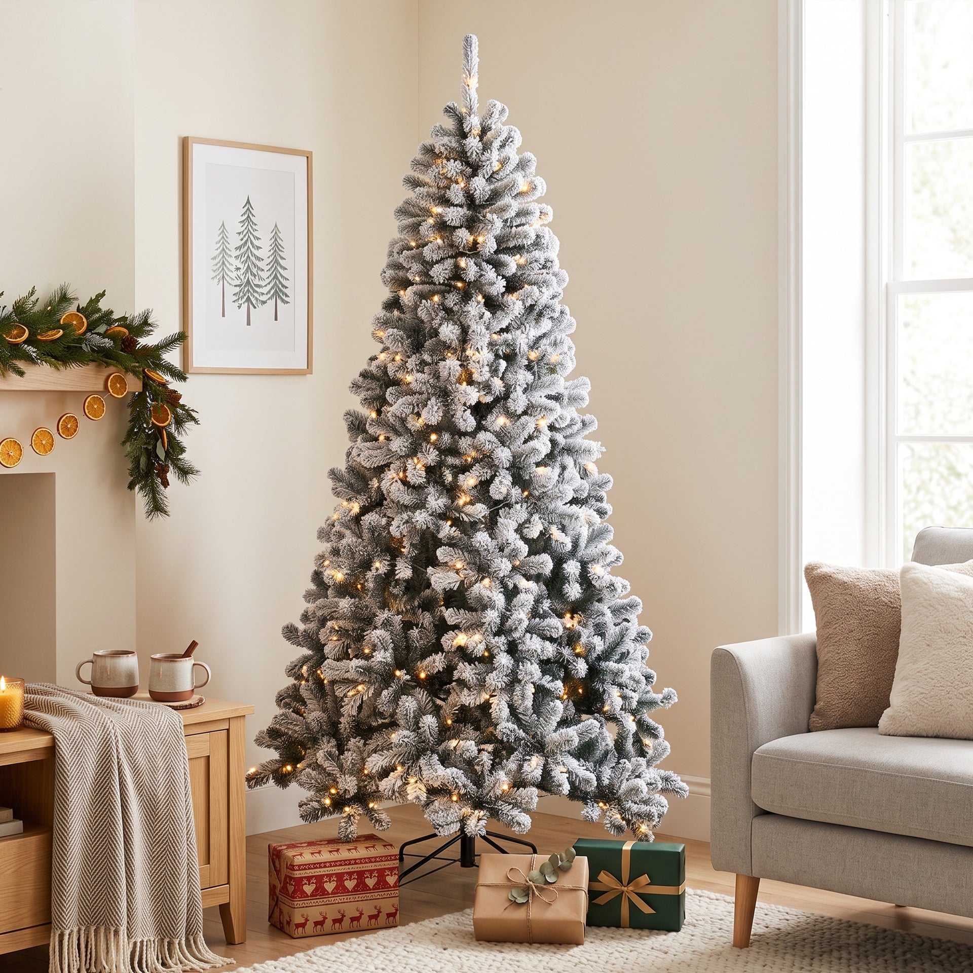 HOMCOM 7.5ft Flocked Prelit Christmas Tree, Northern Pine, Artificial Xmas Tree with Curved Tips, LEDs