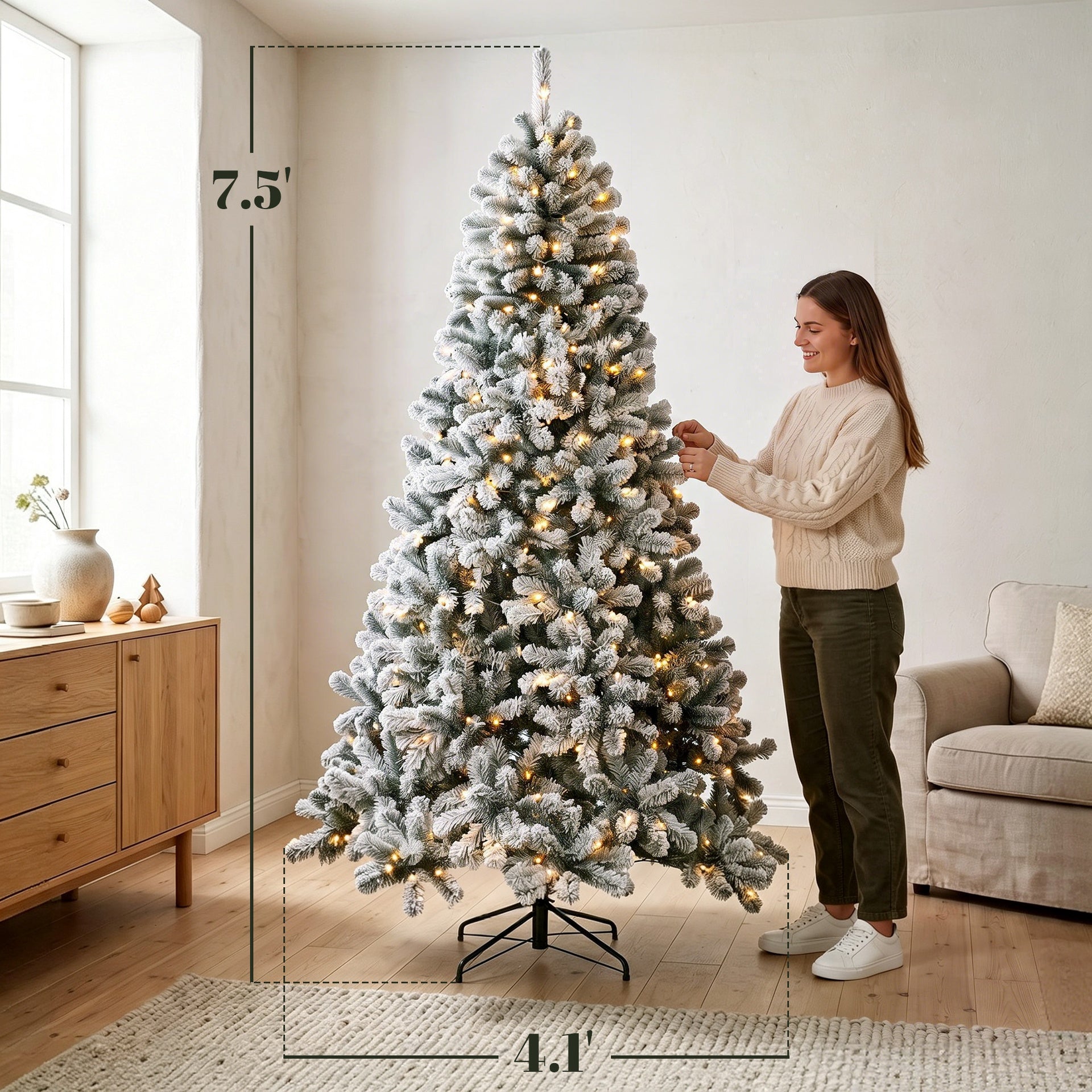 HOMCOM 7.5ft Flocked Prelit Christmas Tree, Northern Pine, Artificial Xmas Tree with Curved Tips, LEDs