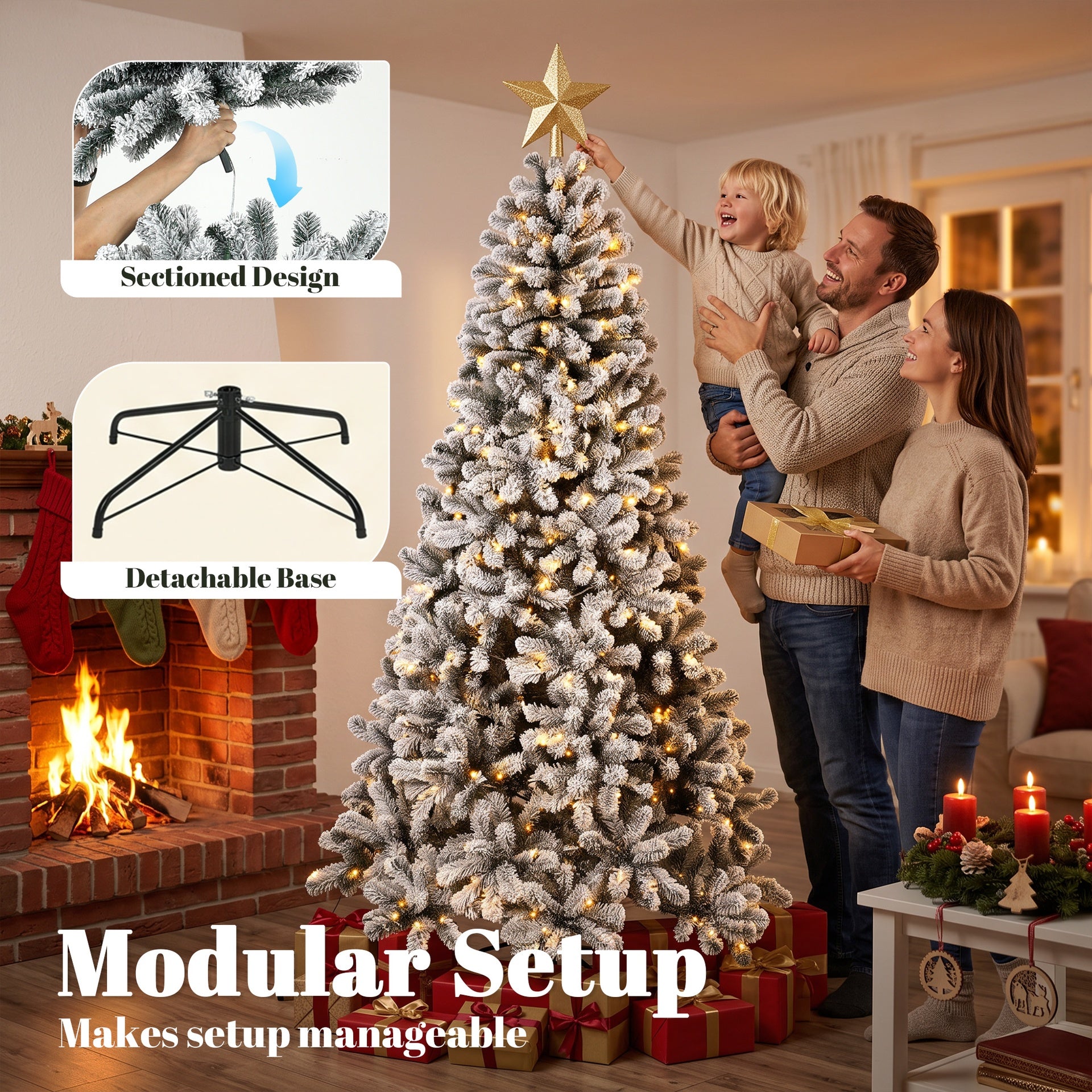 HOMCOM 7.5ft Flocked Prelit Christmas Tree, Northern Pine, Artificial Xmas Tree with Curved Tips, LEDs