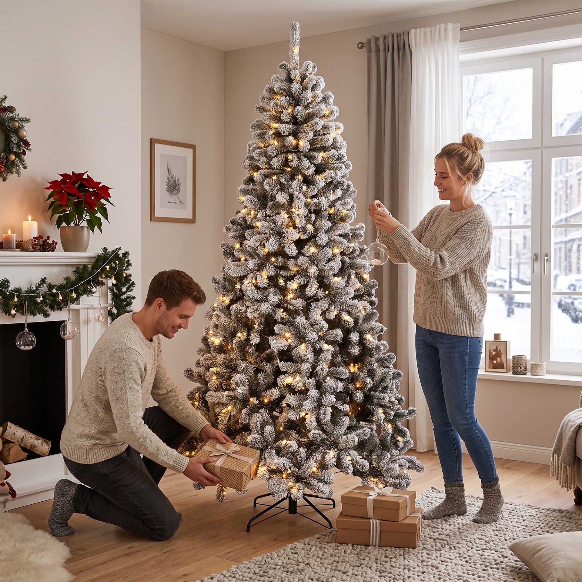 HOMCOM 7.5ft Flocked Prelit Christmas Tree, Northern Pine, Artificial Xmas Tree with Curved Tips, LEDs