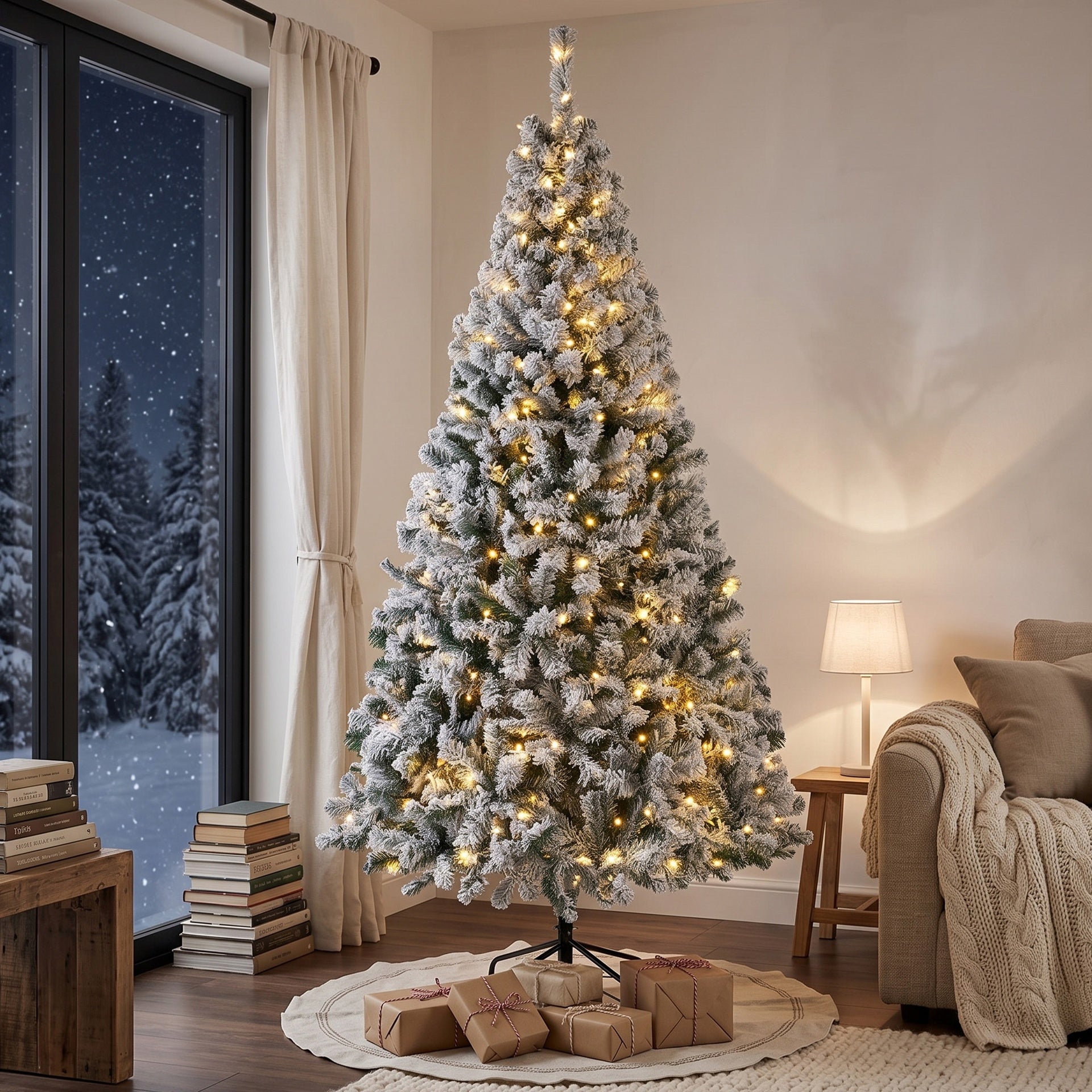 HOMCOM 7.5ft Flocked Prelit Christmas Tree, Fraser Fir, Hinged Xmas Tree with LEDs, Foldable Metal Base, Green White