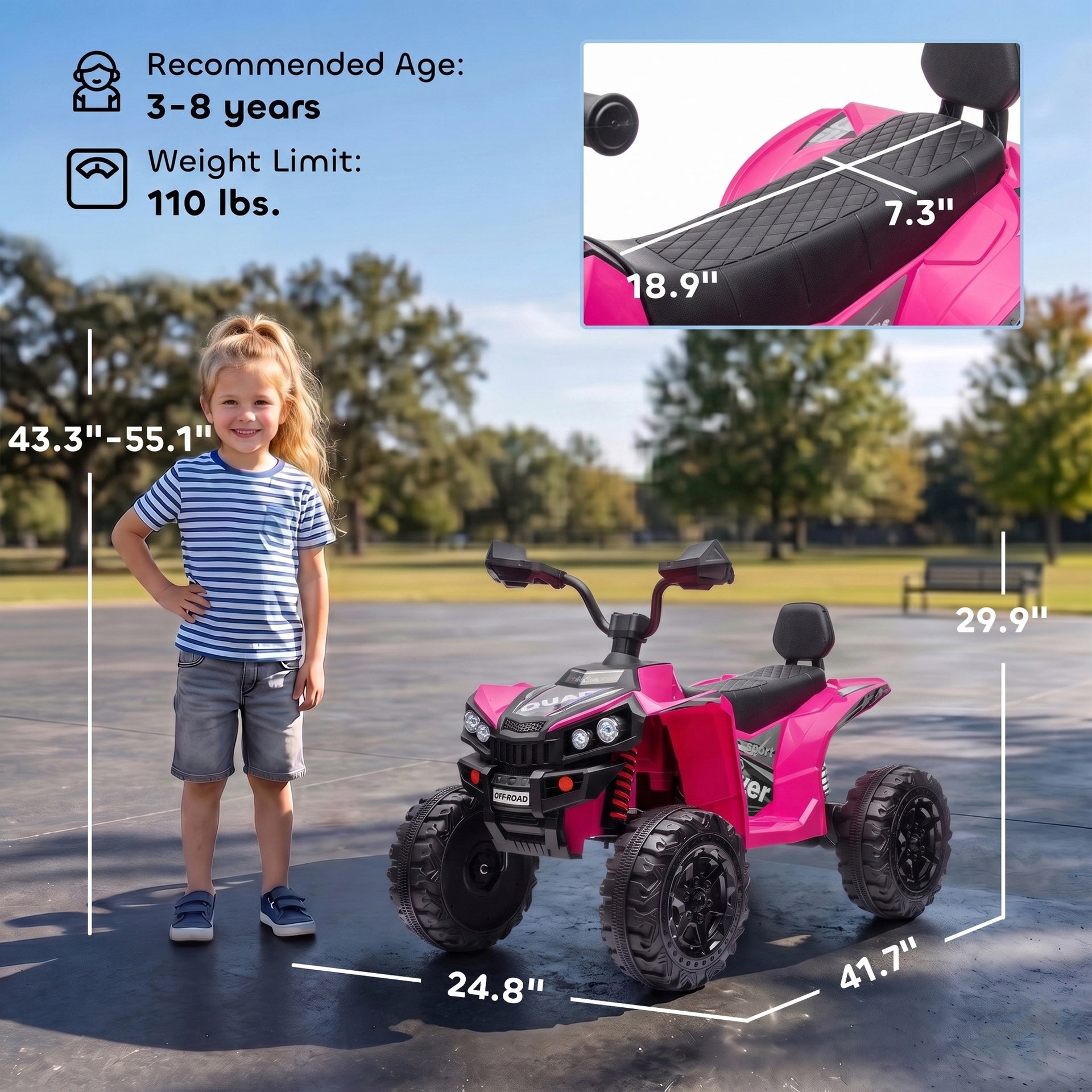 Qaba 24V 2 Seater Ride On Toys, Kids ATV 4 Wheeler with Dual Motors, High & Low Speed for Boys Girls Aged 3-8 Years, Pink