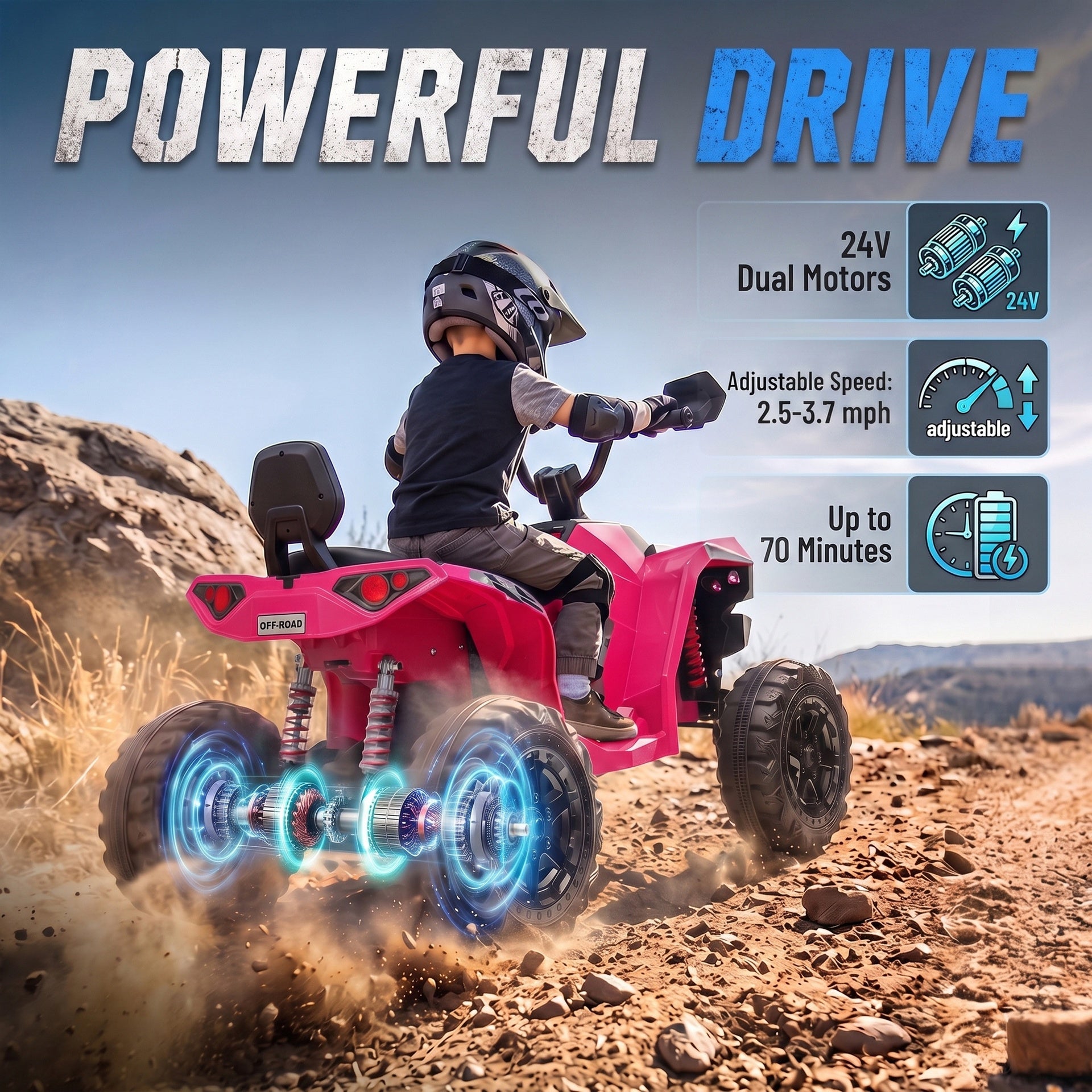 Qaba 24V 2 Seater Ride On Toys, Kids ATV 4 Wheeler with Dual Motors, High & Low Speed for Boys Girls Aged 3-8 Years, Pink