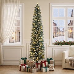 HOMCOM 7ft Pencil Prelit Christmas Tree, Dual Color LEDs, Flocked, Remote, Slim Xmas Tree with 11 Modes, Green White