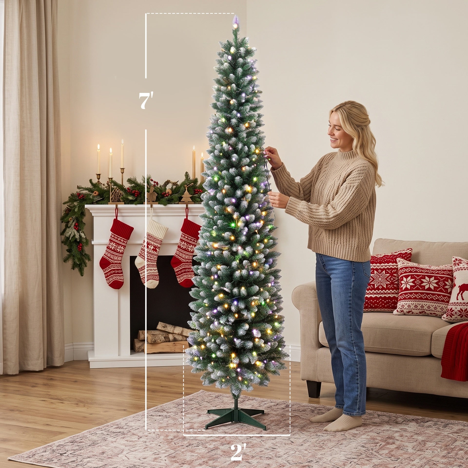 HOMCOM 7ft Pencil Prelit Christmas Tree, Dual Color LEDs, Flocked, Remote, Slim Xmas Tree with 11 Modes, Green White