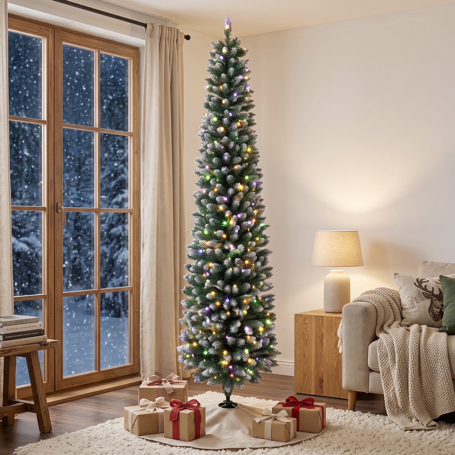 HOMCOM 7ft Pencil Prelit Christmas Tree, Dual Color LEDs, Flocked, Remote, Slim Xmas Tree with 11 Modes, Green White