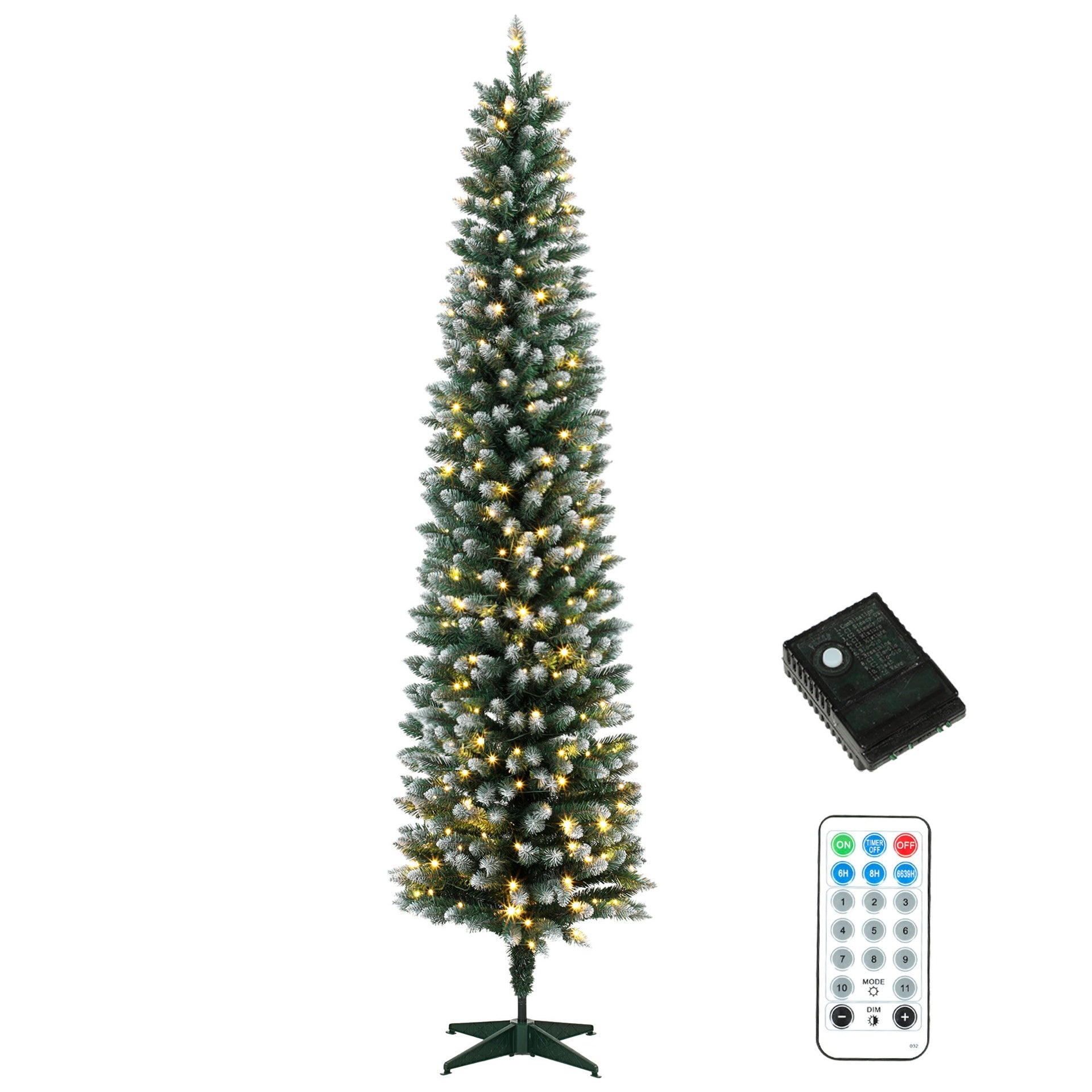 HOMCOM 7ft Pencil Prelit Christmas Tree, Dual Color LEDs, Flocked, Remote, Slim Xmas Tree with 11 Modes, Green White