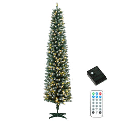 HOMCOM 7ft Pencil Prelit Christmas Tree, Dual Color LEDs, Flocked, Remote, Slim Xmas Tree with 11 Modes, Green White