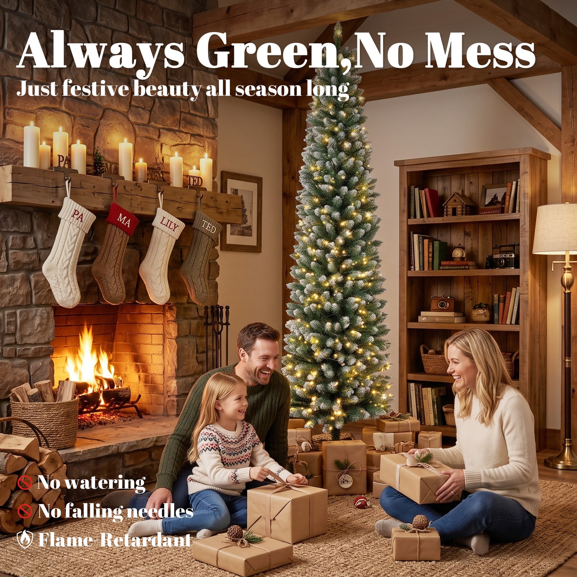 HOMCOM 7ft Pencil Prelit Christmas Tree, Dual Color LEDs, Flocked, Remote, Slim Xmas Tree with 11 Modes, Green White