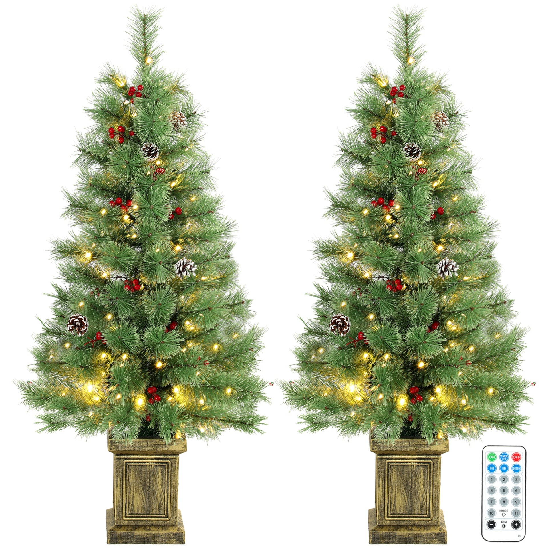 HOMCOM 4ft Pre-Lit Artificial Christmas Tree Set of 2, Xmas Pine Trees, Dual Colors, Remote, Green