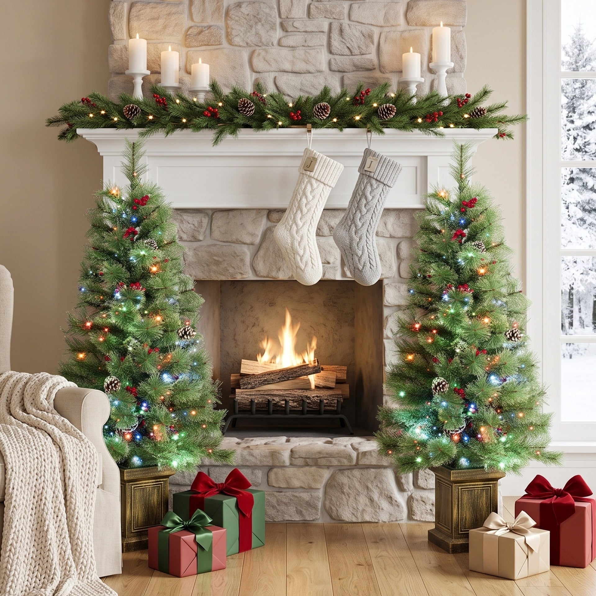 HOMCOM 4ft Pre-Lit Artificial Christmas Tree Set of 2, Xmas Pine Trees, Dual Colors, Remote, Green