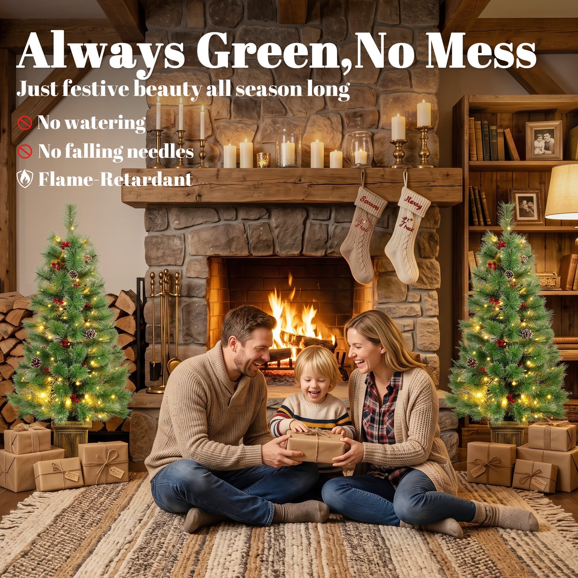 HOMCOM 4ft Pre-Lit Artificial Christmas Tree Set of 2, Xmas Pine Trees, Dual Colors, Remote, Green