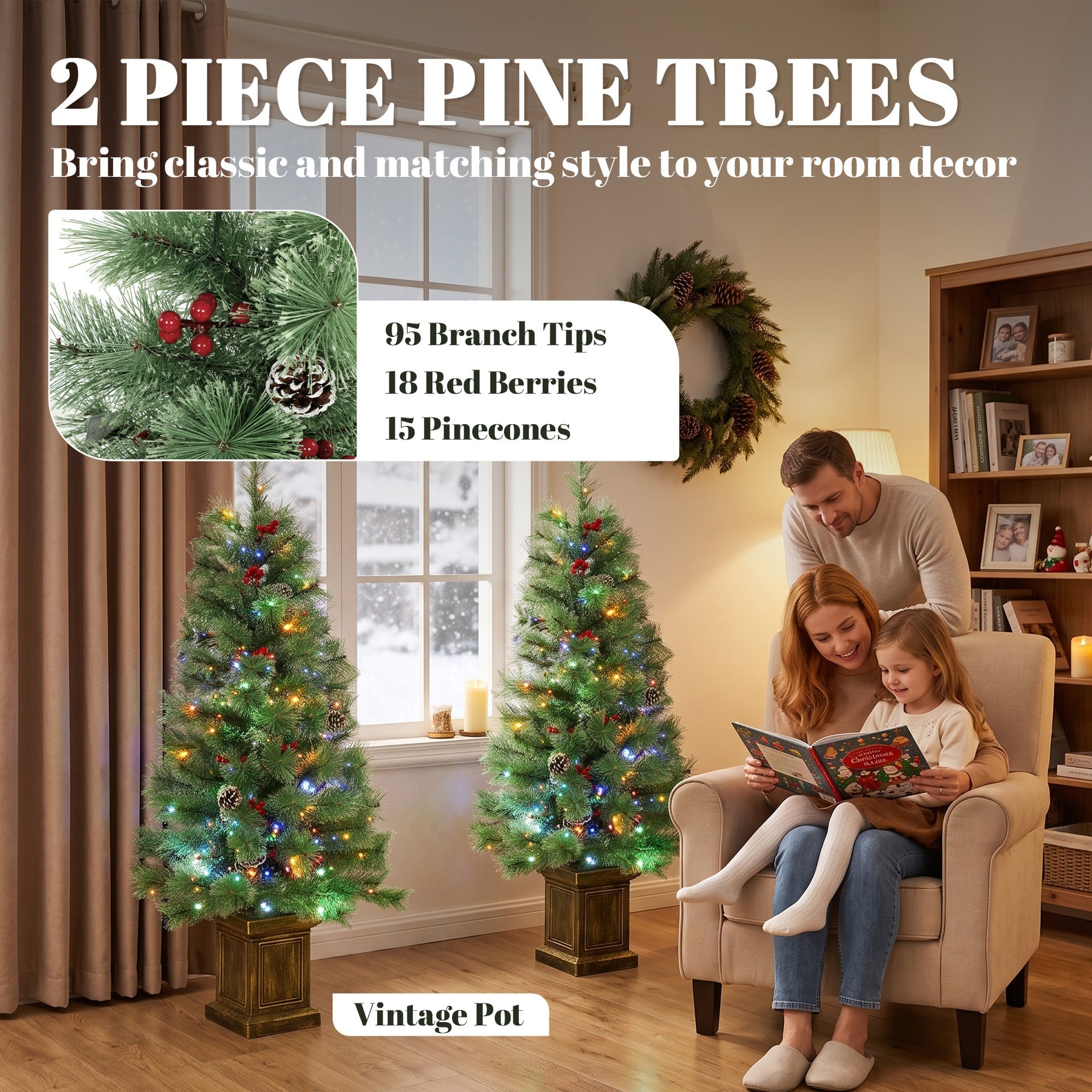 HOMCOM 4ft Pre-Lit Artificial Christmas Tree Set of 2, Xmas Pine Trees, Dual Colors, Remote, Green
