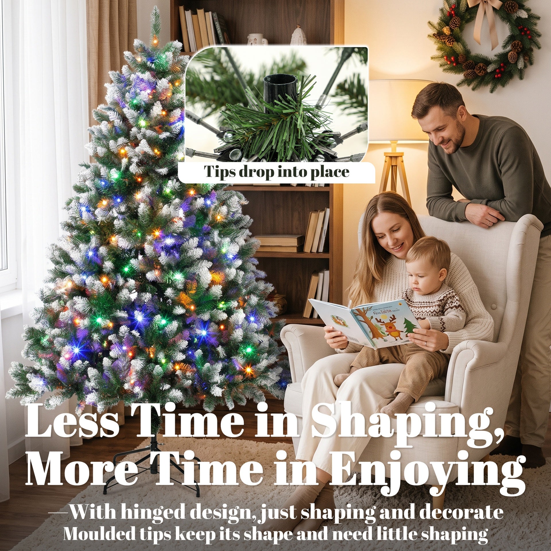 HOMCOM 7.5ft Pre-lit Artificial Christmas Tree White-Tipped Hinged Full Xmas Tree with 1378 Tips