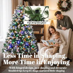 HOMCOM 7.5ft Pre-lit Artificial Christmas Tree White-Tipped Hinged Full Xmas Tree with 1378 Tips