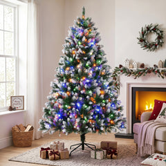 HOMCOM 7.5ft Pre-lit Artificial Christmas Tree White-Tipped Hinged Full Xmas Tree with 1378 Tips