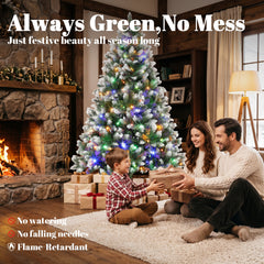 HOMCOM 7.5ft Pre-lit Artificial Christmas Tree White-Tipped Hinged Full Xmas Tree with 1378 Tips
