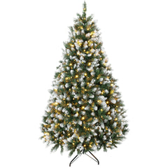 HOMCOM 7.5ft Pre-lit Artificial Christmas Tree White-Tipped Hinged Full Xmas Tree with 1378 Tips