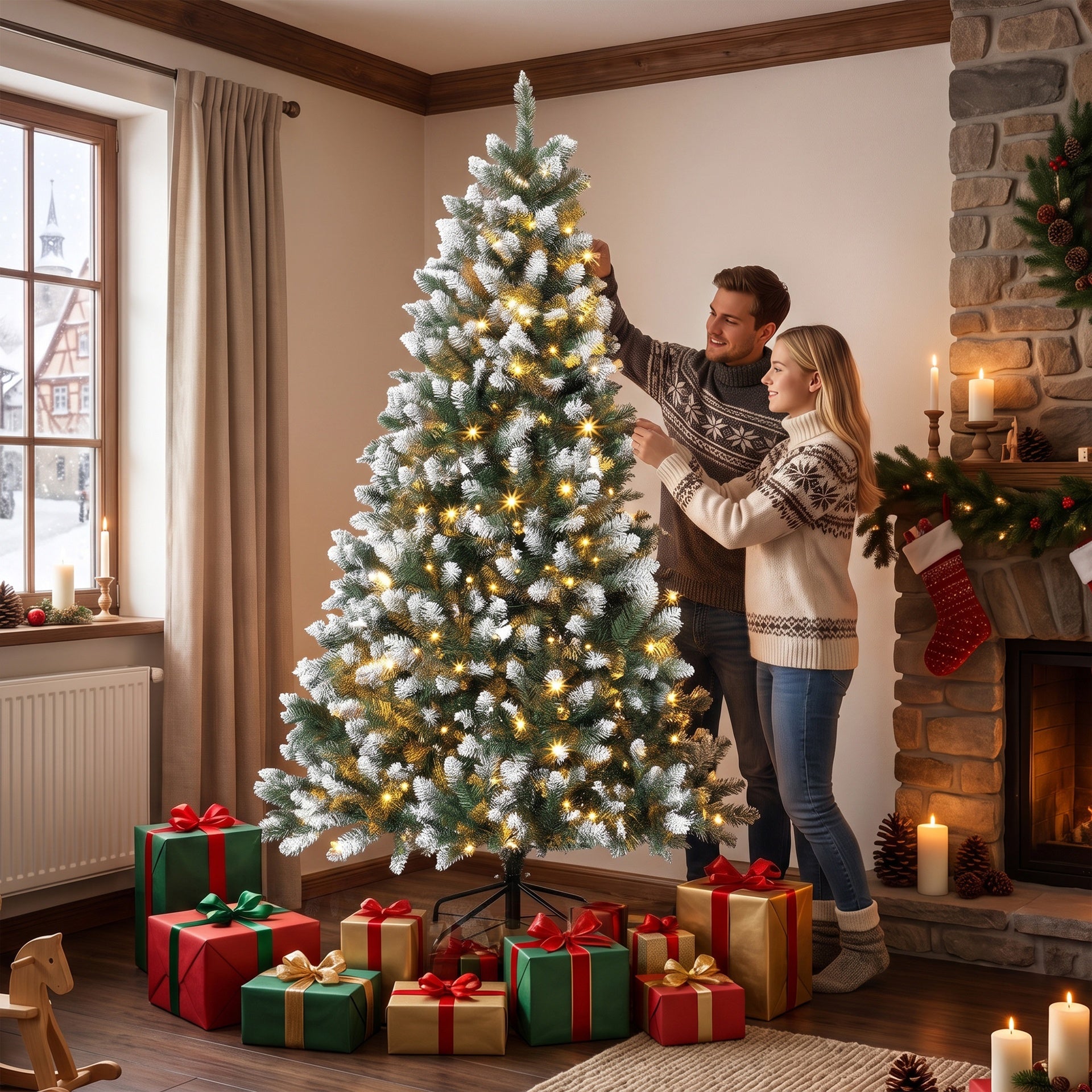 HOMCOM 7.5ft Pre-lit Artificial Christmas Tree White-Tipped Hinged Full Xmas Tree with 1378 Tips