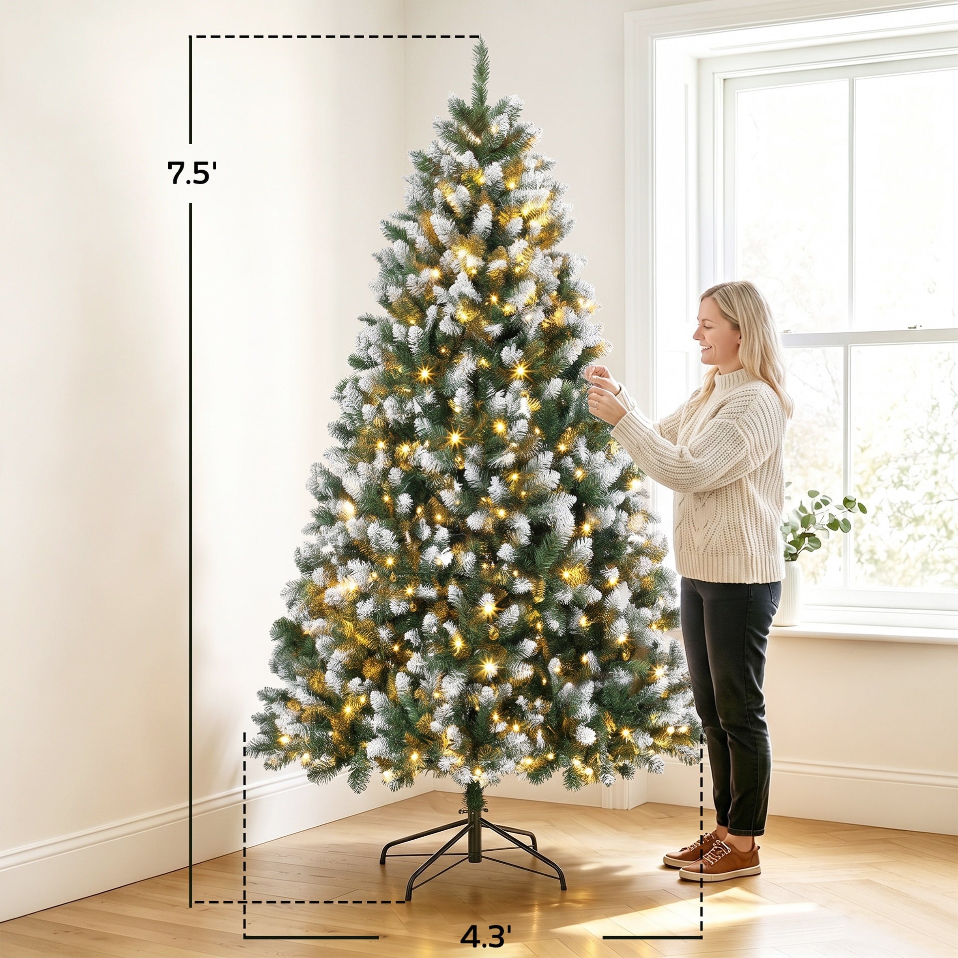 HOMCOM 7.5ft Pre-lit Artificial Christmas Tree White-Tipped Hinged Full Xmas Tree with 1378 Tips