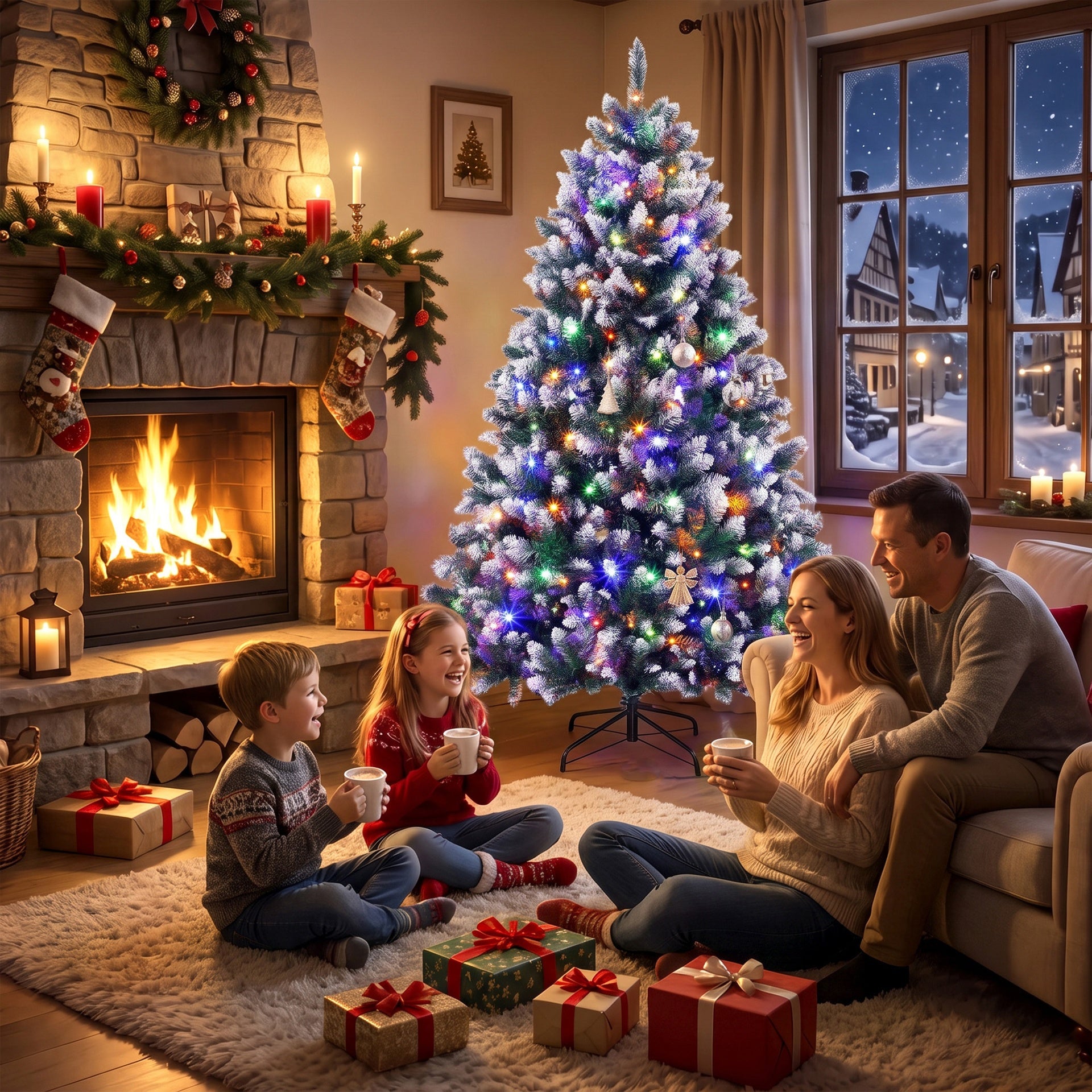 HOMCOM 6ft Pre-lit Artificial Christmas Tree White-Tipped Hinged Full Xmas Tree with 1020 Tips