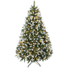 HOMCOM 6ft Pre-lit Artificial Christmas Tree White-Tipped Hinged Full Xmas Tree with 1020 Tips