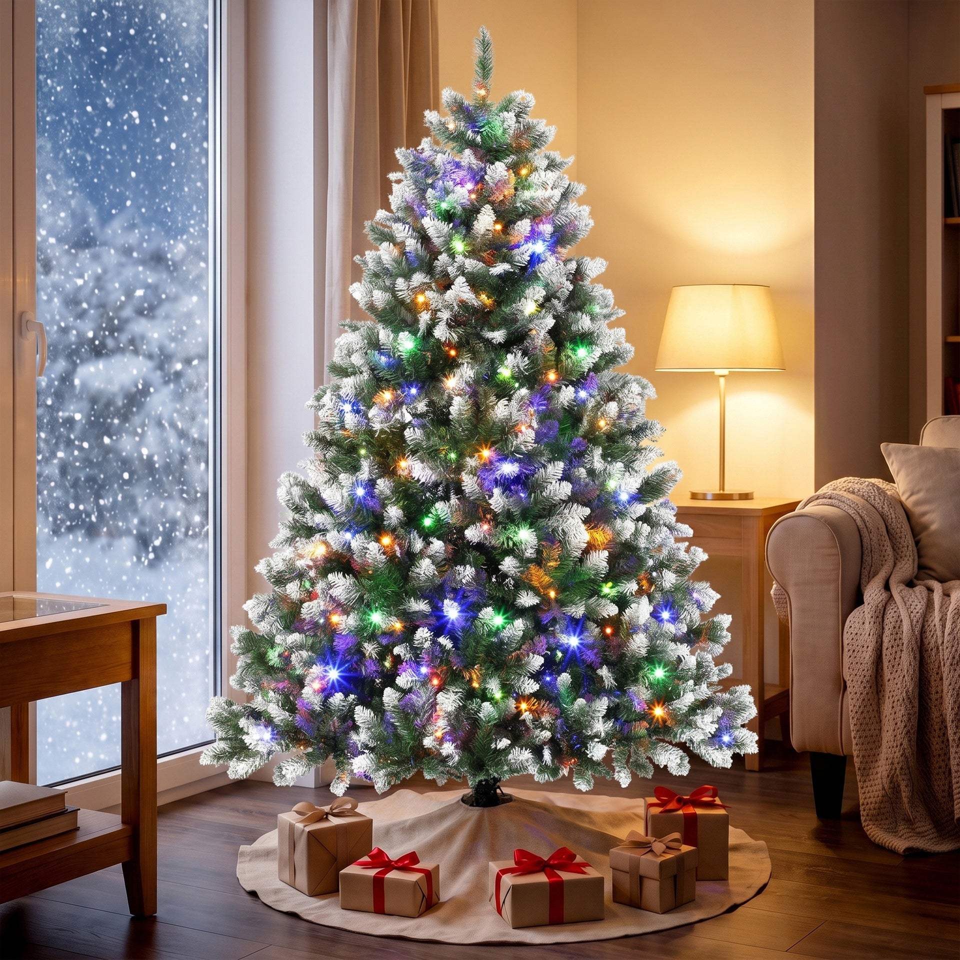 HOMCOM 6ft Pre-lit Artificial Christmas Tree White-Tipped Hinged Full Xmas Tree with 1020 Tips
