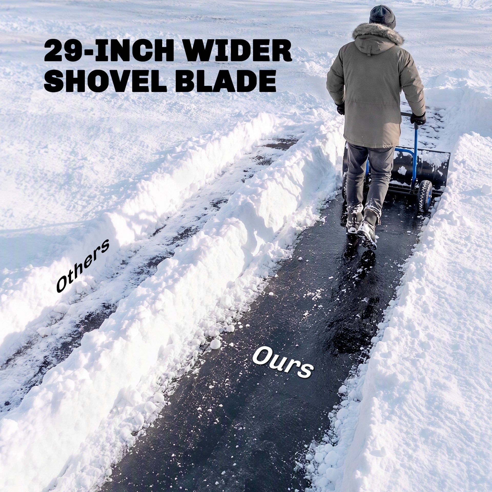 Outsunny Snow Shovel with Wheels, 29" x 16.5" Metal Snow Pusher with Adjustable Handle, 5-Angle Blade for Driveway, Blue