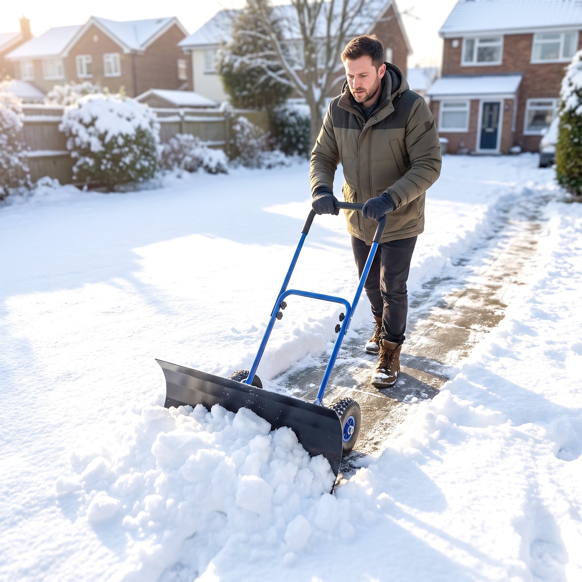 Outsunny Snow Shovel with Wheels, 29" x 16.5" Metal Snow Pusher with Adjustable Handle, 5-Angle Blade for Driveway, Blue